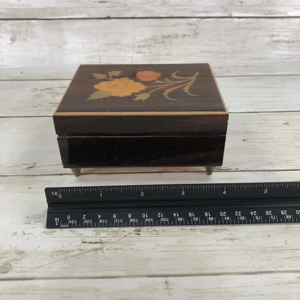 Vintage Mapsa Swiss Musical Movement Wood Jewelry Box Edelweiss Floral Inlay